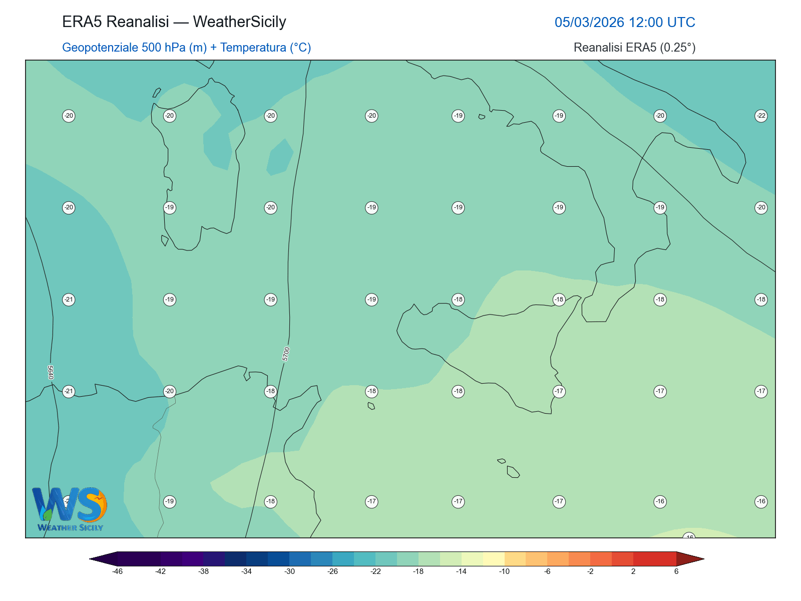 Geopotenziale 500 hPa + Temperatura · 2026030512