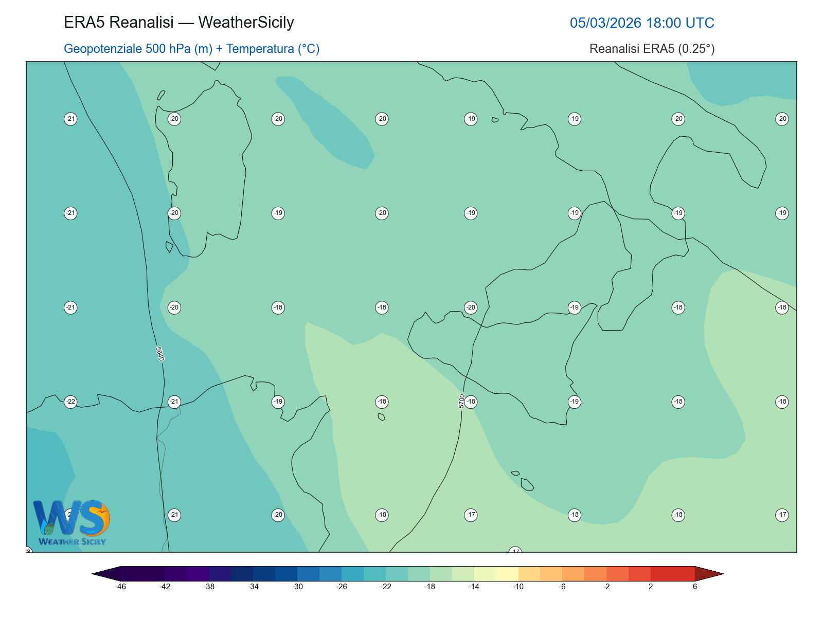 Geopotenziale 500 hPa + Temperatura · 2026030518