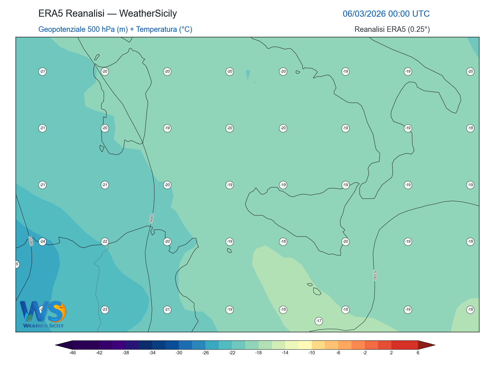 Geopotenziale 500 hPa + Temperatura · 2026030600