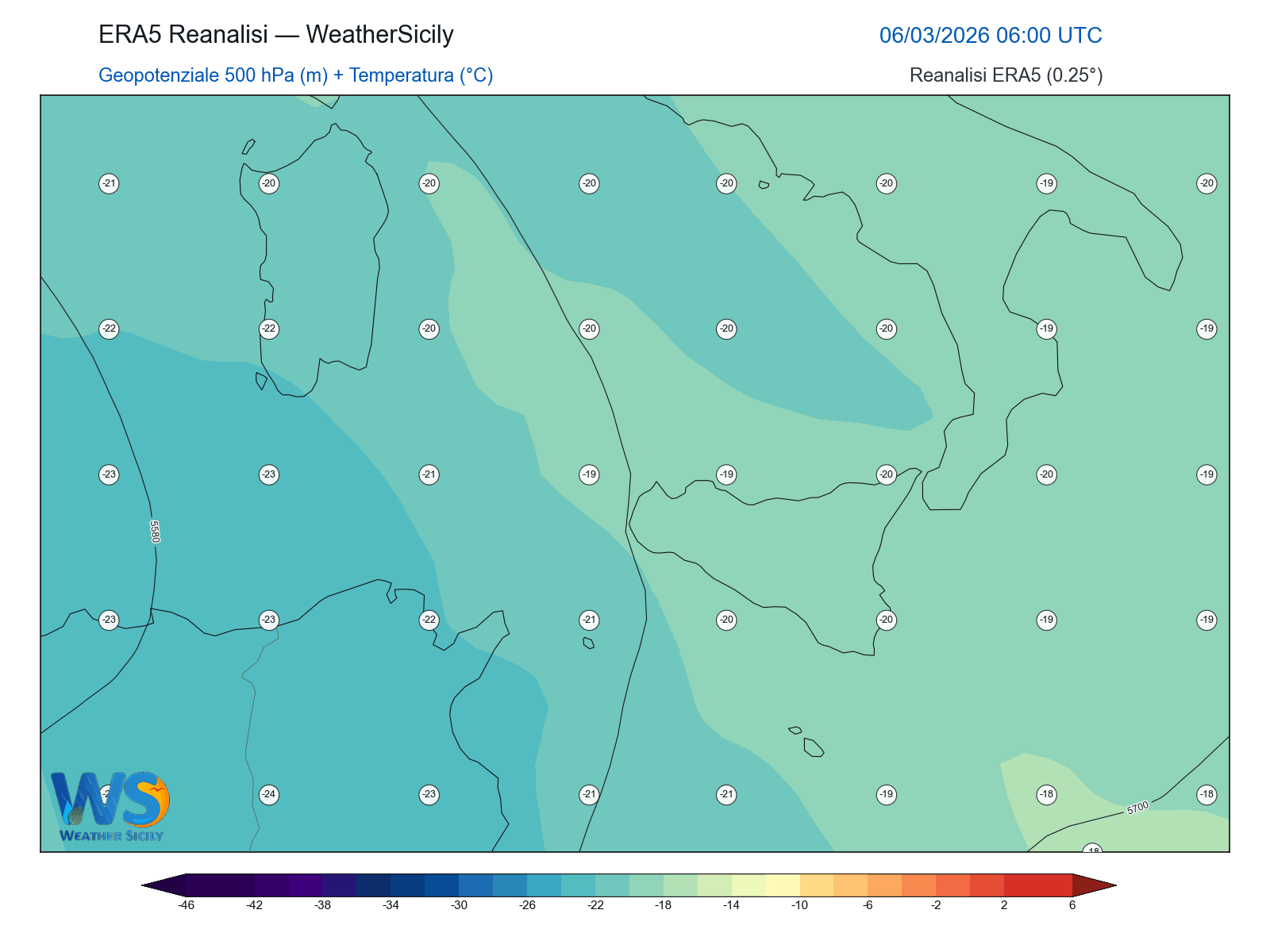Geopotenziale 500 hPa + Temperatura · 2026030606