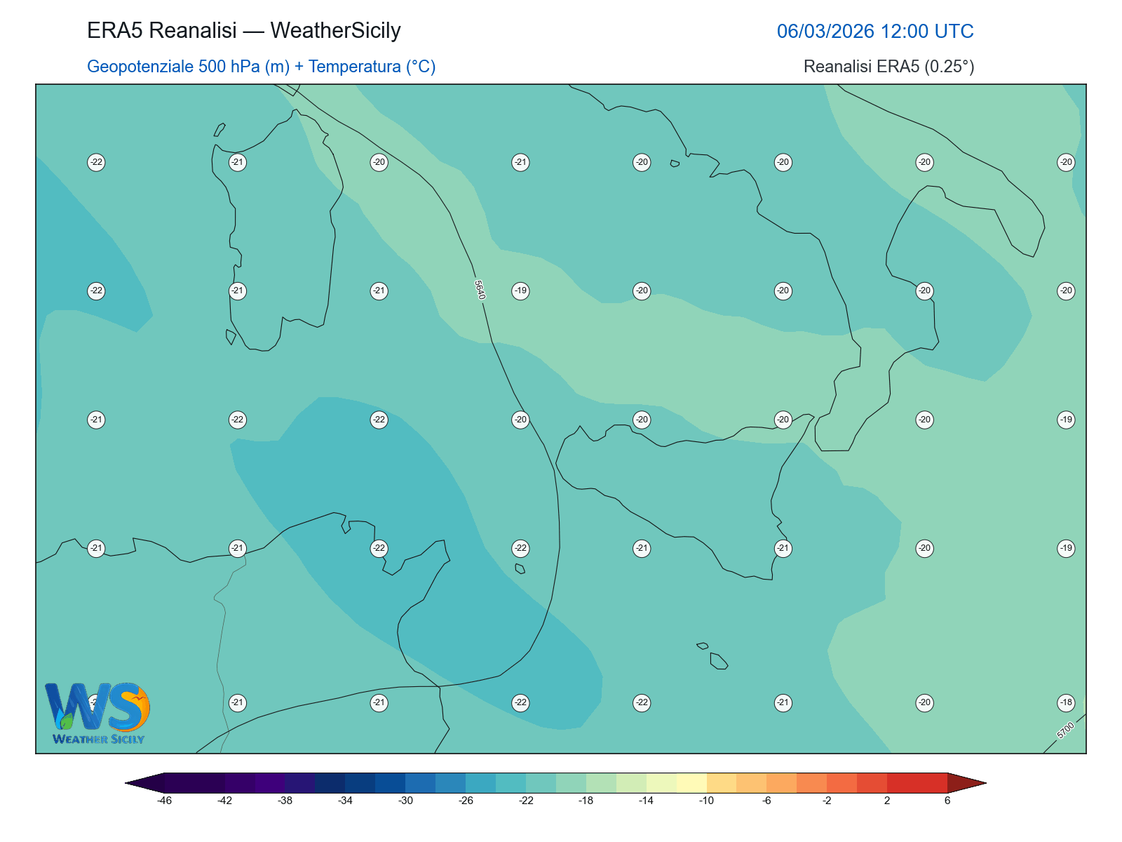 Geopotenziale 500 hPa + Temperatura · 2026030612