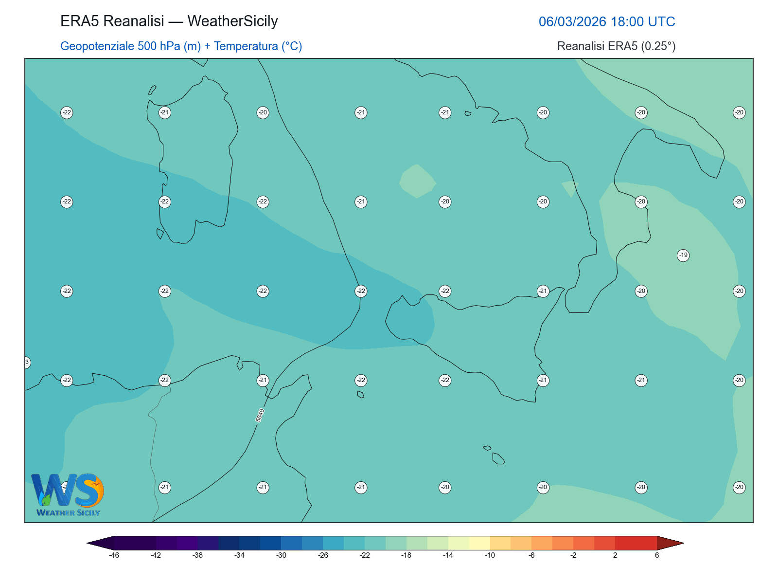 Geopotenziale 500 hPa + Temperatura · 2026030618