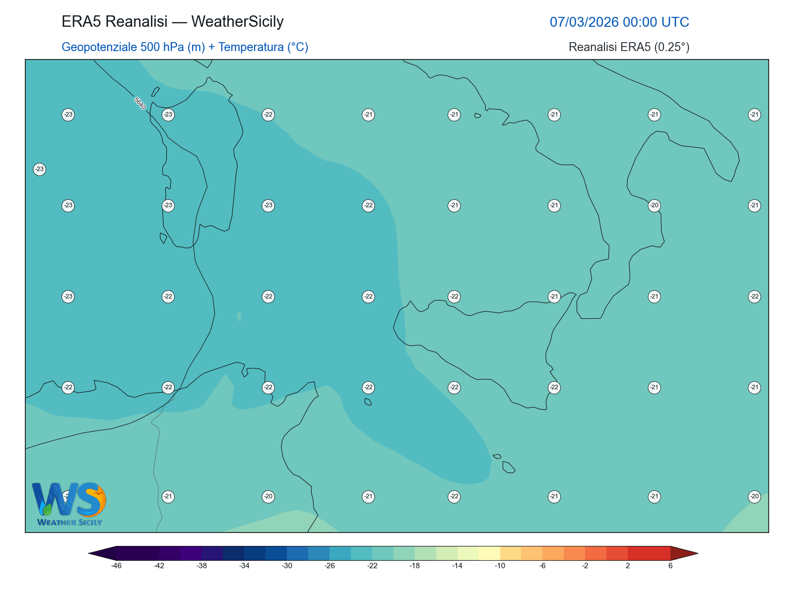 Geopotenziale 500 hPa + Temperatura · 2026030700