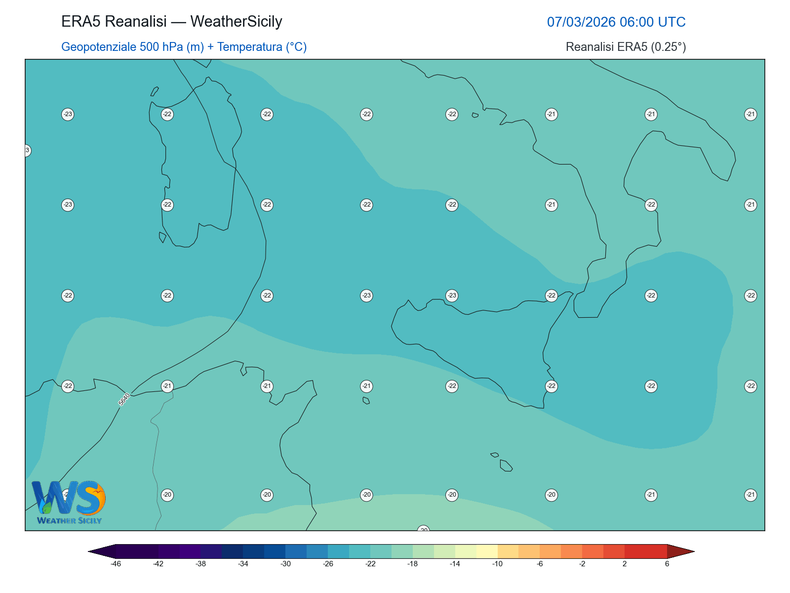 Geopotenziale 500 hPa + Temperatura · 2026030706
