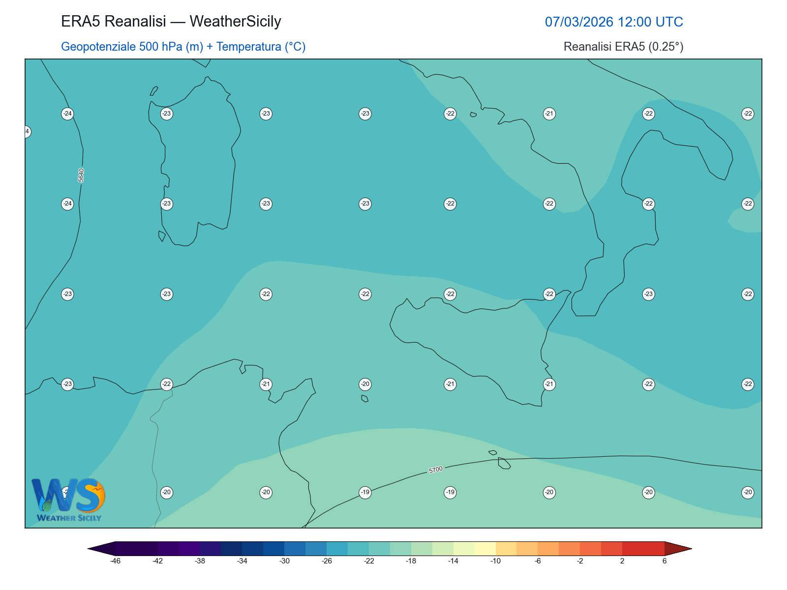 Geopotenziale 500 hPa + Temperatura · 2026030712
