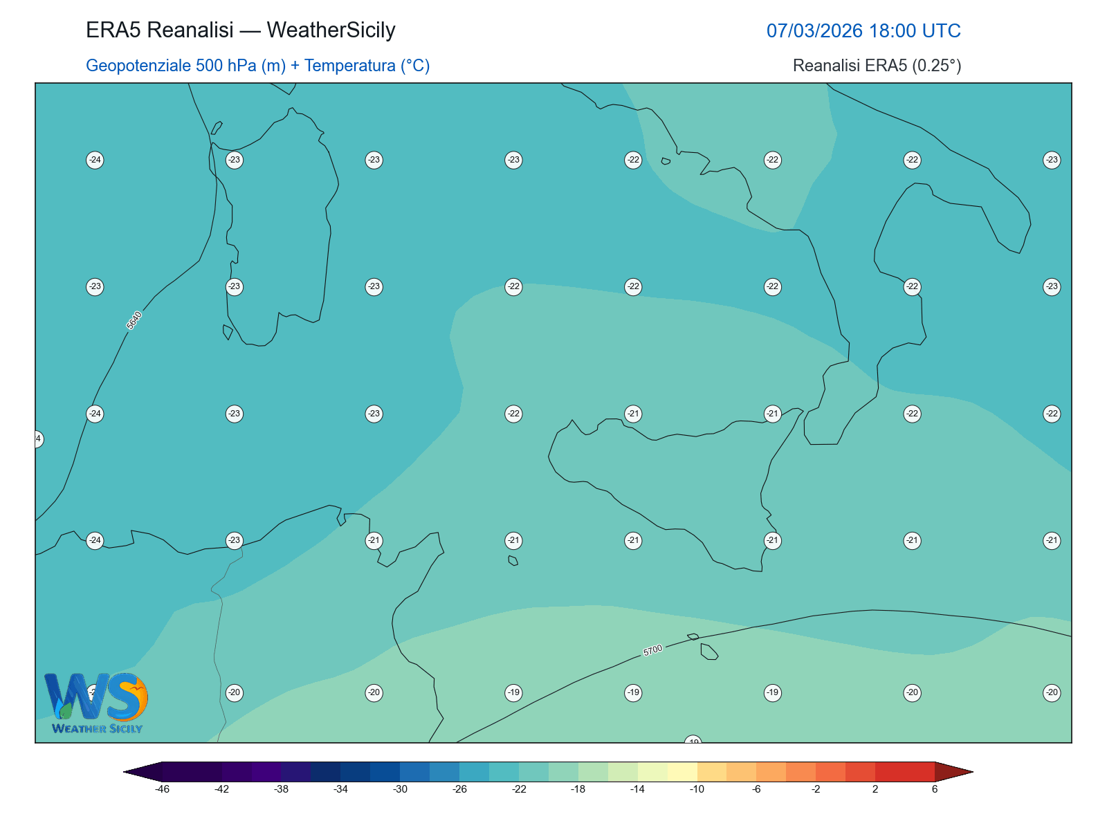 Geopotenziale 500 hPa + Temperatura · 2026030718