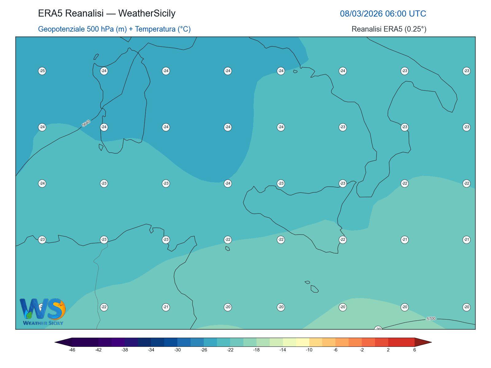 Geopotenziale 500 hPa + Temperatura · 2026030806