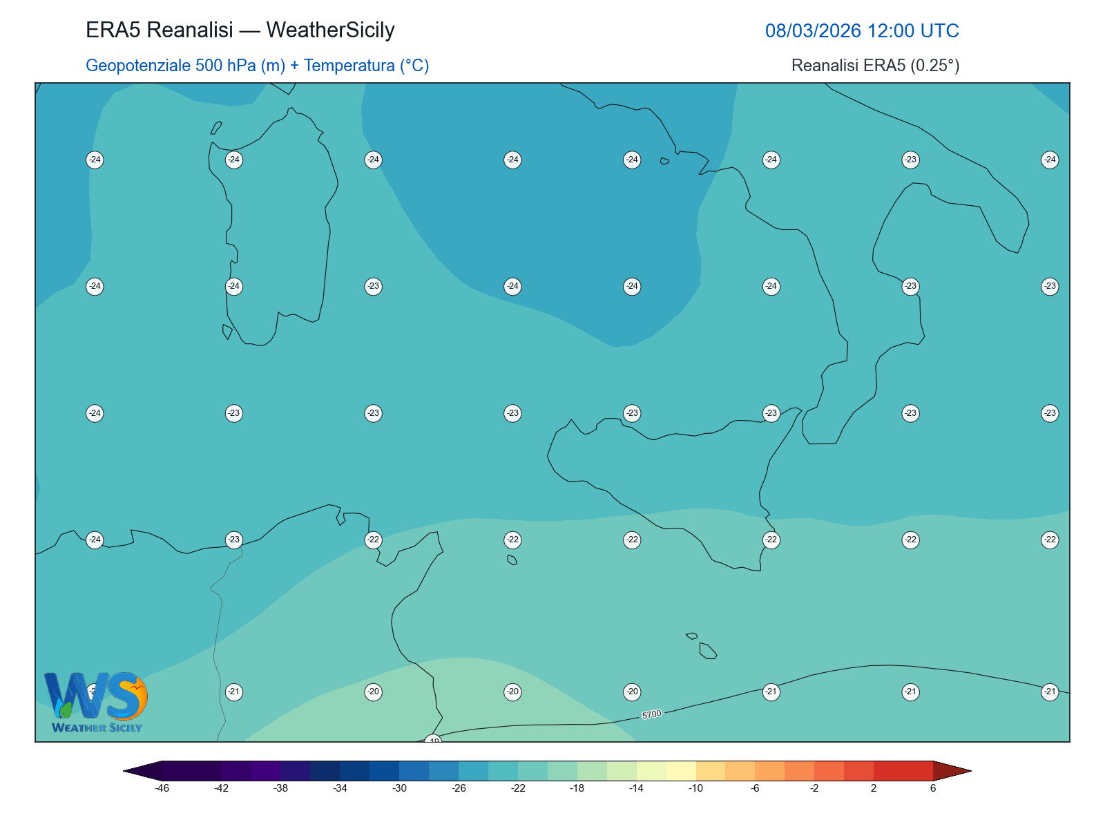 Geopotenziale 500 hPa + Temperatura · 2026030812