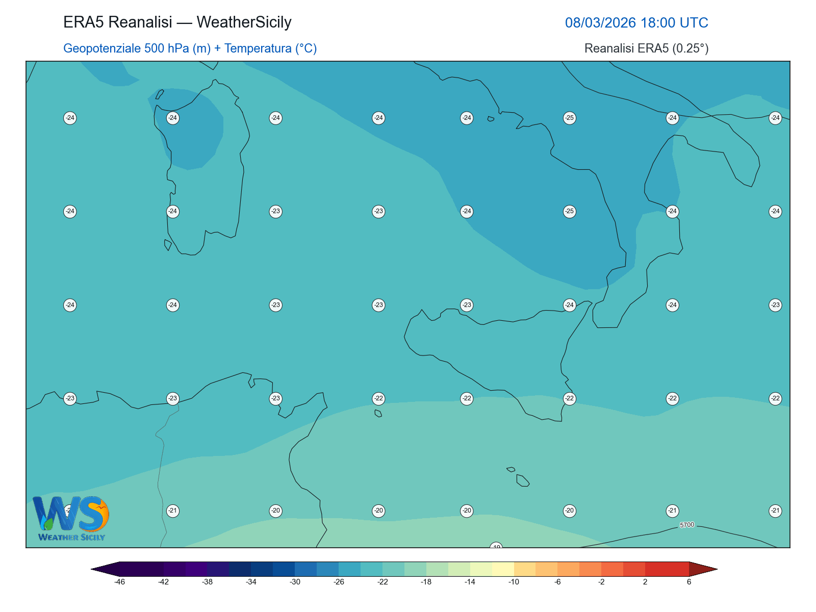 Geopotenziale 500 hPa + Temperatura · 2026030818