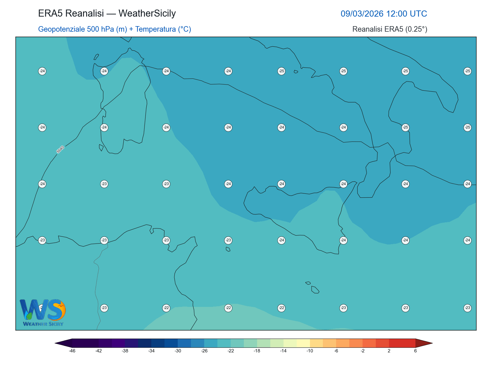 Geopotenziale 500 hPa + Temperatura · 2026030912