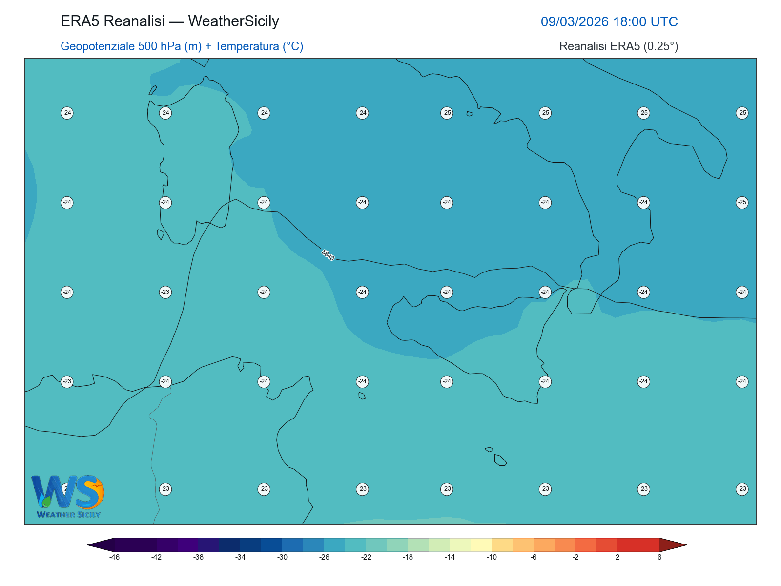 Geopotenziale 500 hPa + Temperatura · 2026030918