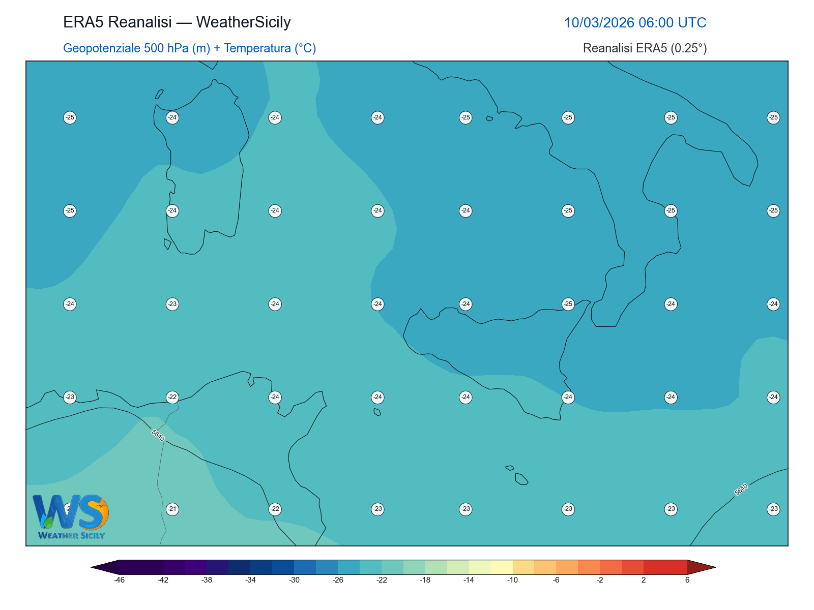 Geopotenziale 500 hPa + Temperatura · 2026031006
