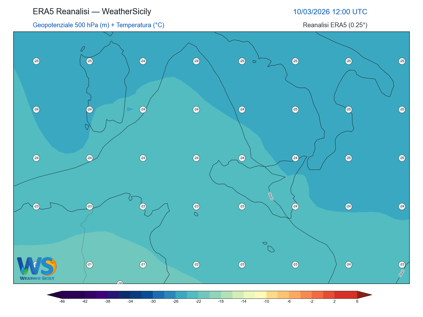 Geopotenziale 500 hPa + Temperatura · 2026031012