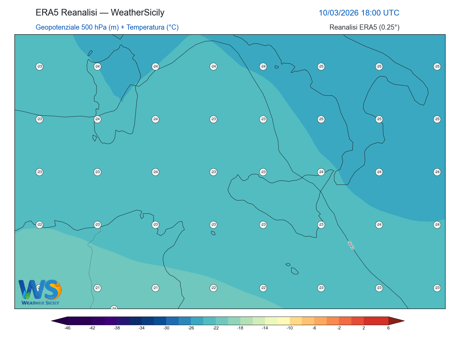 Geopotenziale 500 hPa + Temperatura · 2026031018