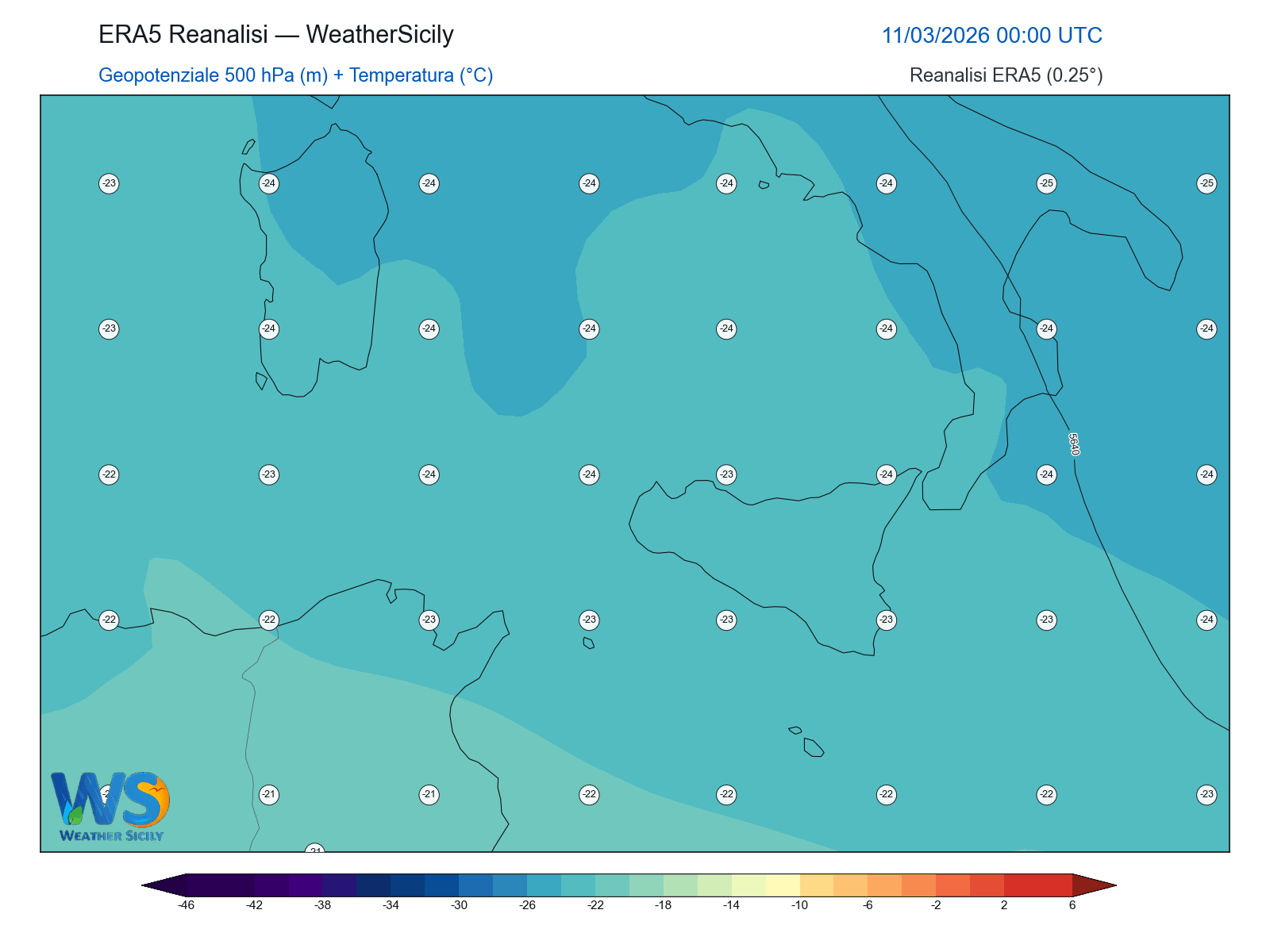 Geopotenziale 500 hPa + Temperatura · 2026031100