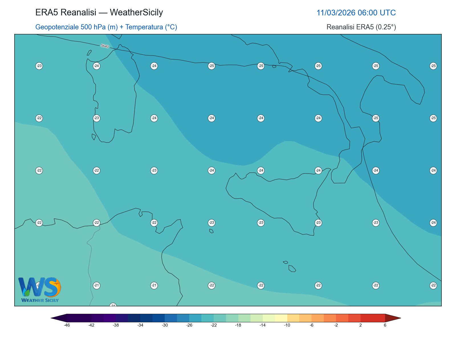 Geopotenziale 500 hPa + Temperatura · 2026031106