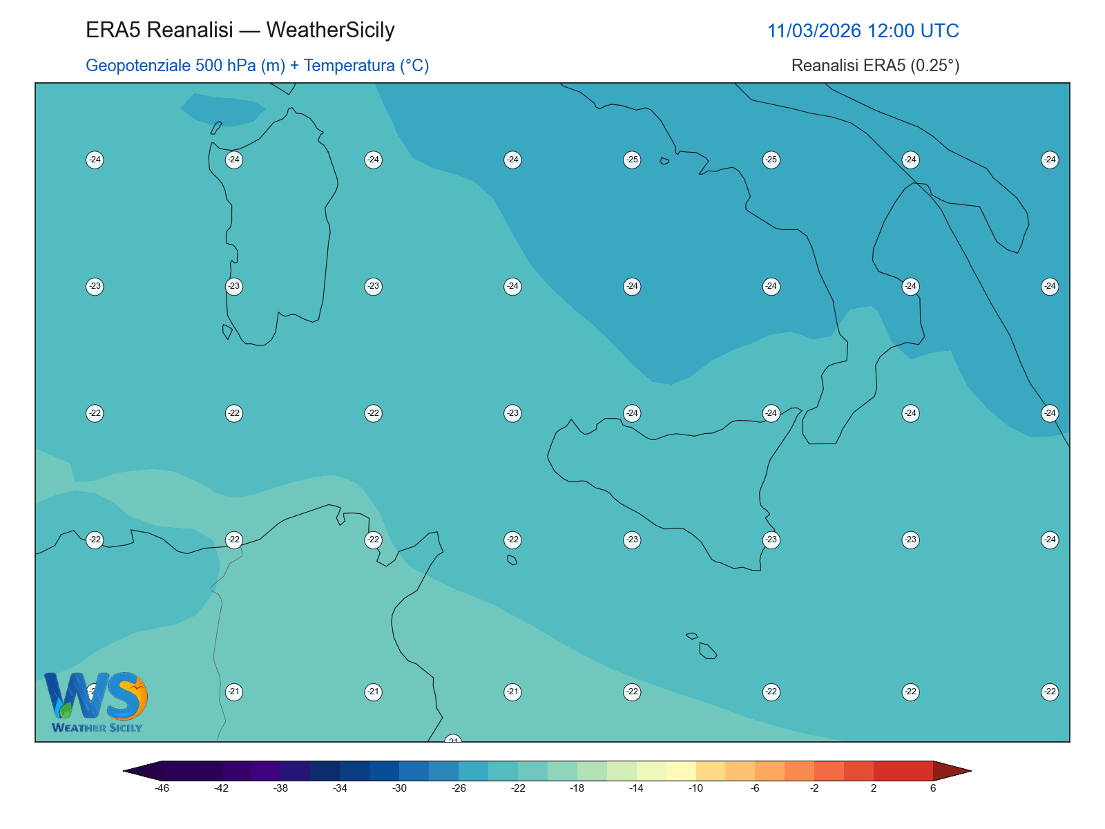 Geopotenziale 500 hPa + Temperatura · 2026031112