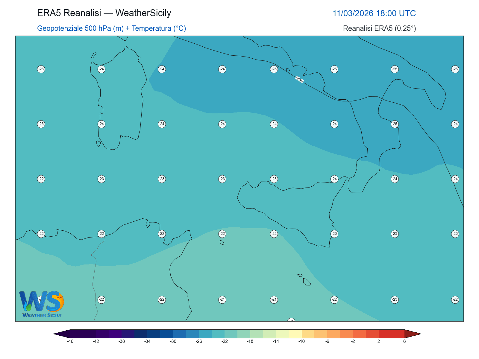 Geopotenziale 500 hPa + Temperatura · 2026031118
