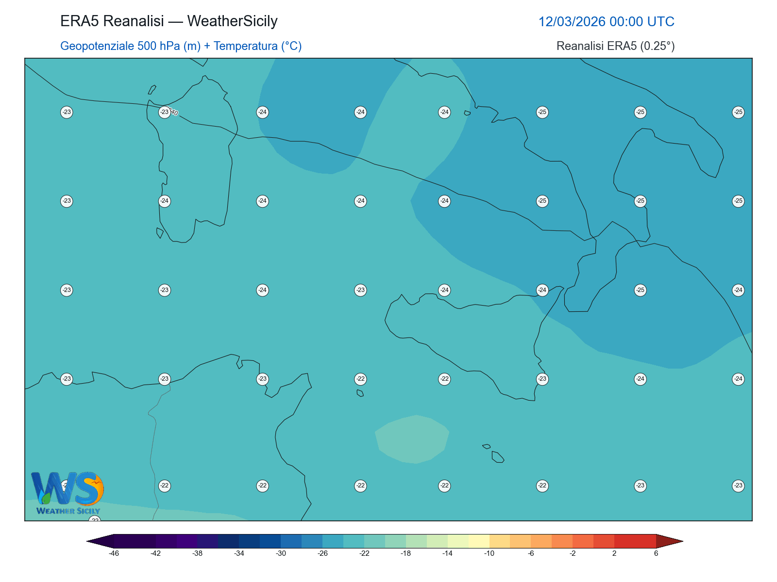 Geopotenziale 500 hPa + Temperatura · 2026031200