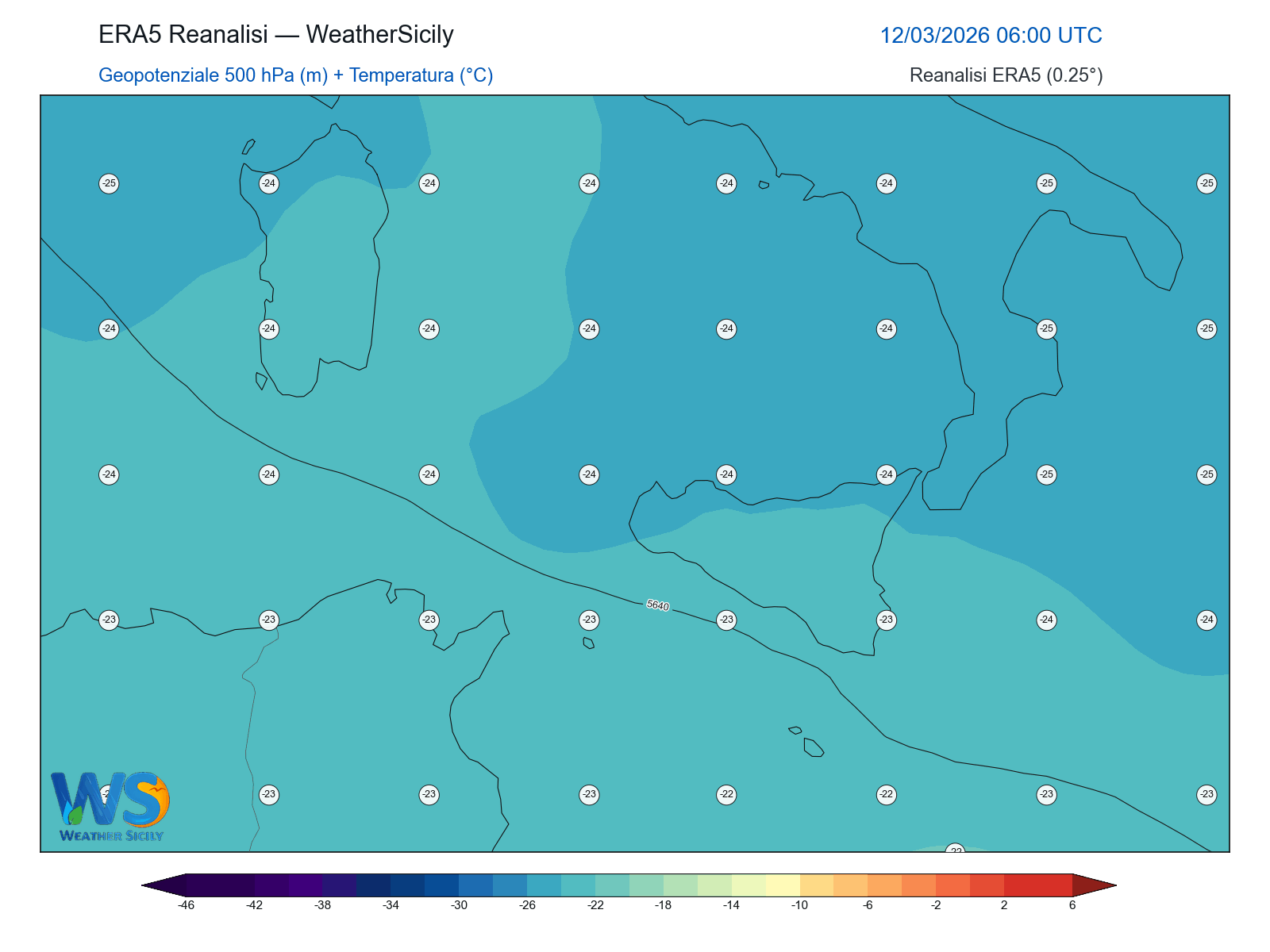 Geopotenziale 500 hPa + Temperatura · 2026031206