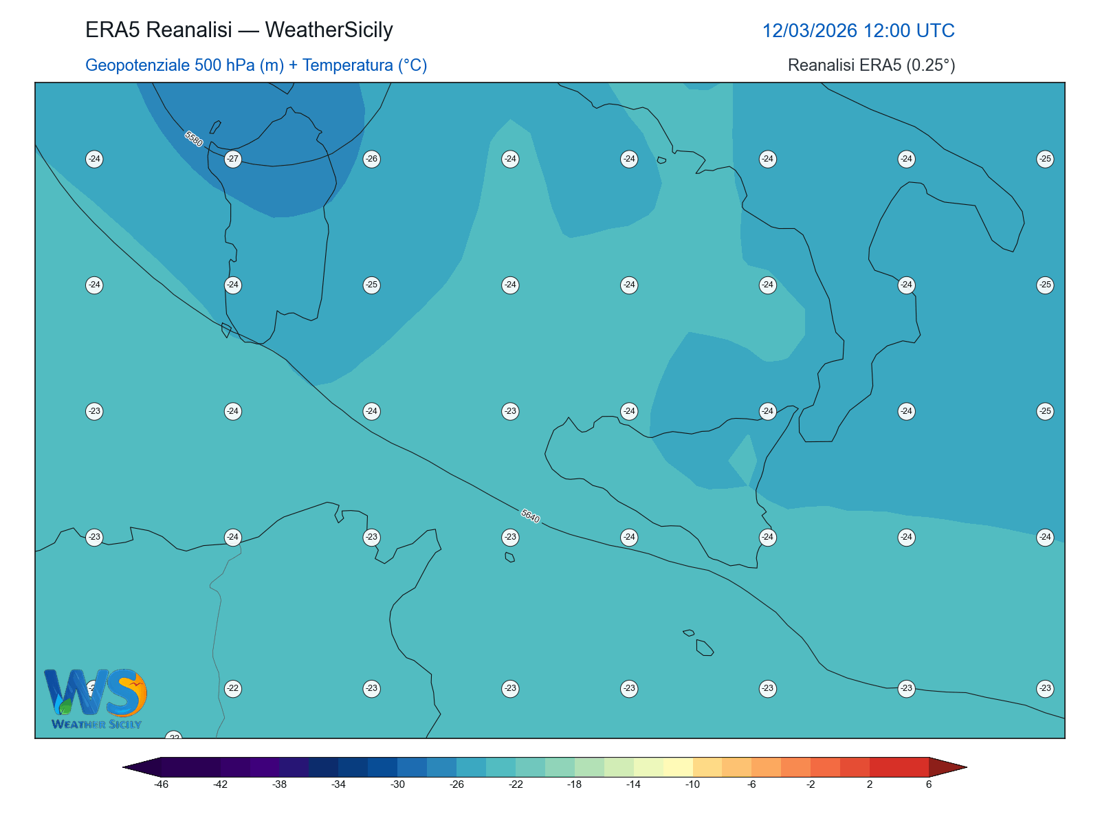 Geopotenziale 500 hPa + Temperatura · 2026031212