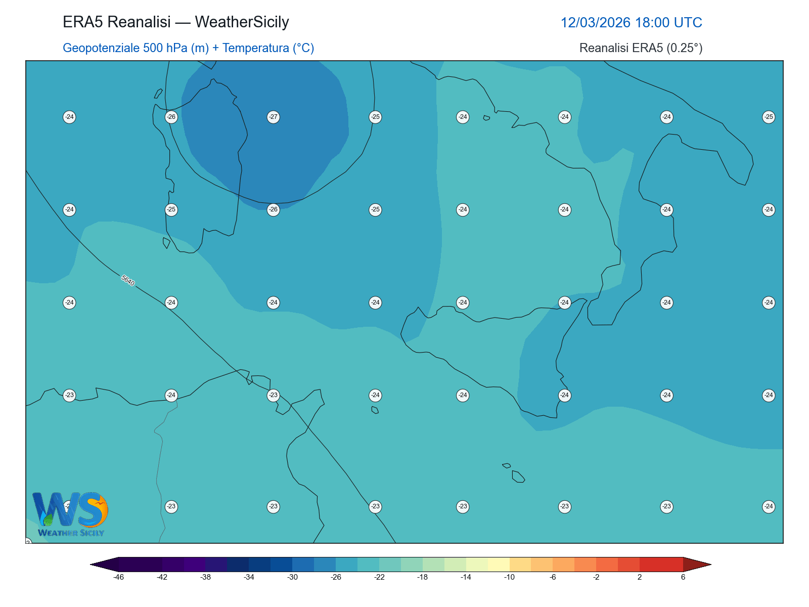 Geopotenziale 500 hPa + Temperatura · 2026031218