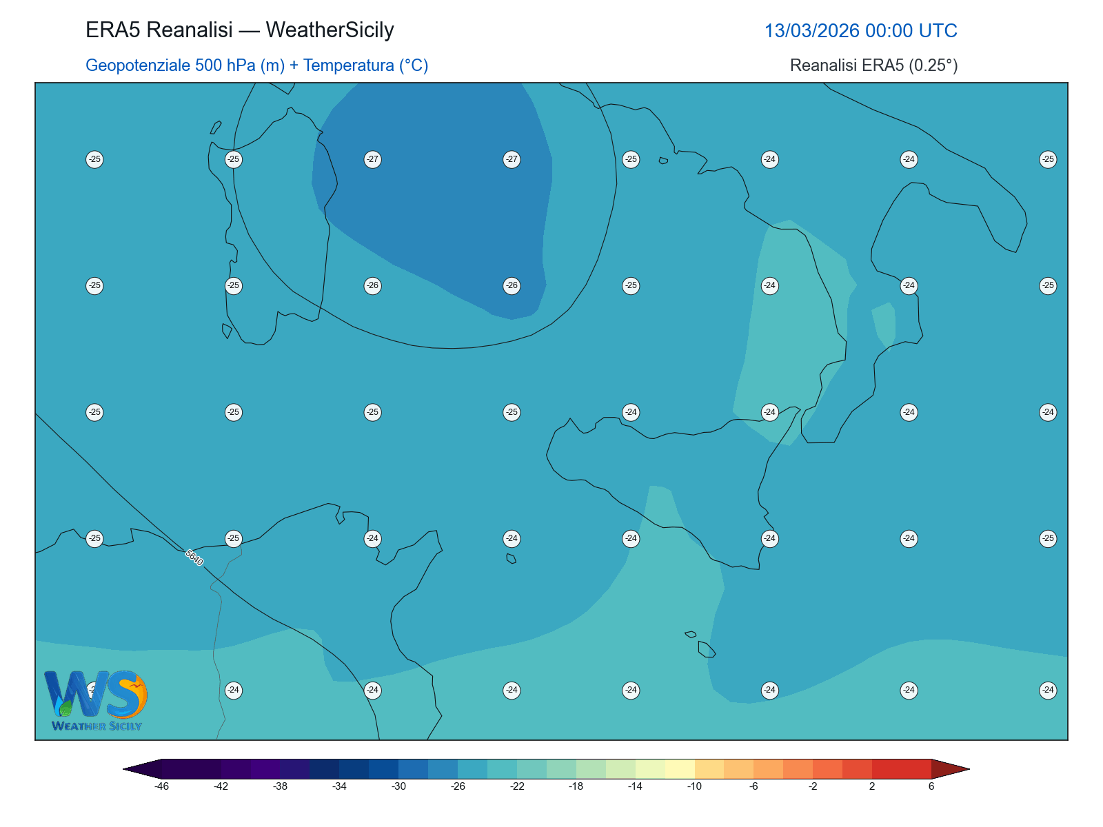 Geopotenziale 500 hPa + Temperatura · 2026031300