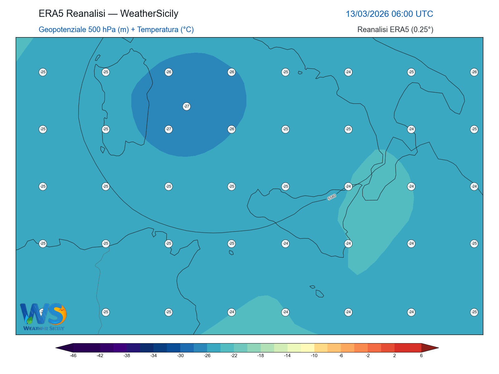 Geopotenziale 500 hPa + Temperatura · 2026031306