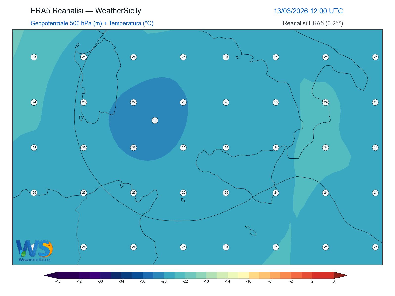 Geopotenziale 500 hPa + Temperatura · 2026031312