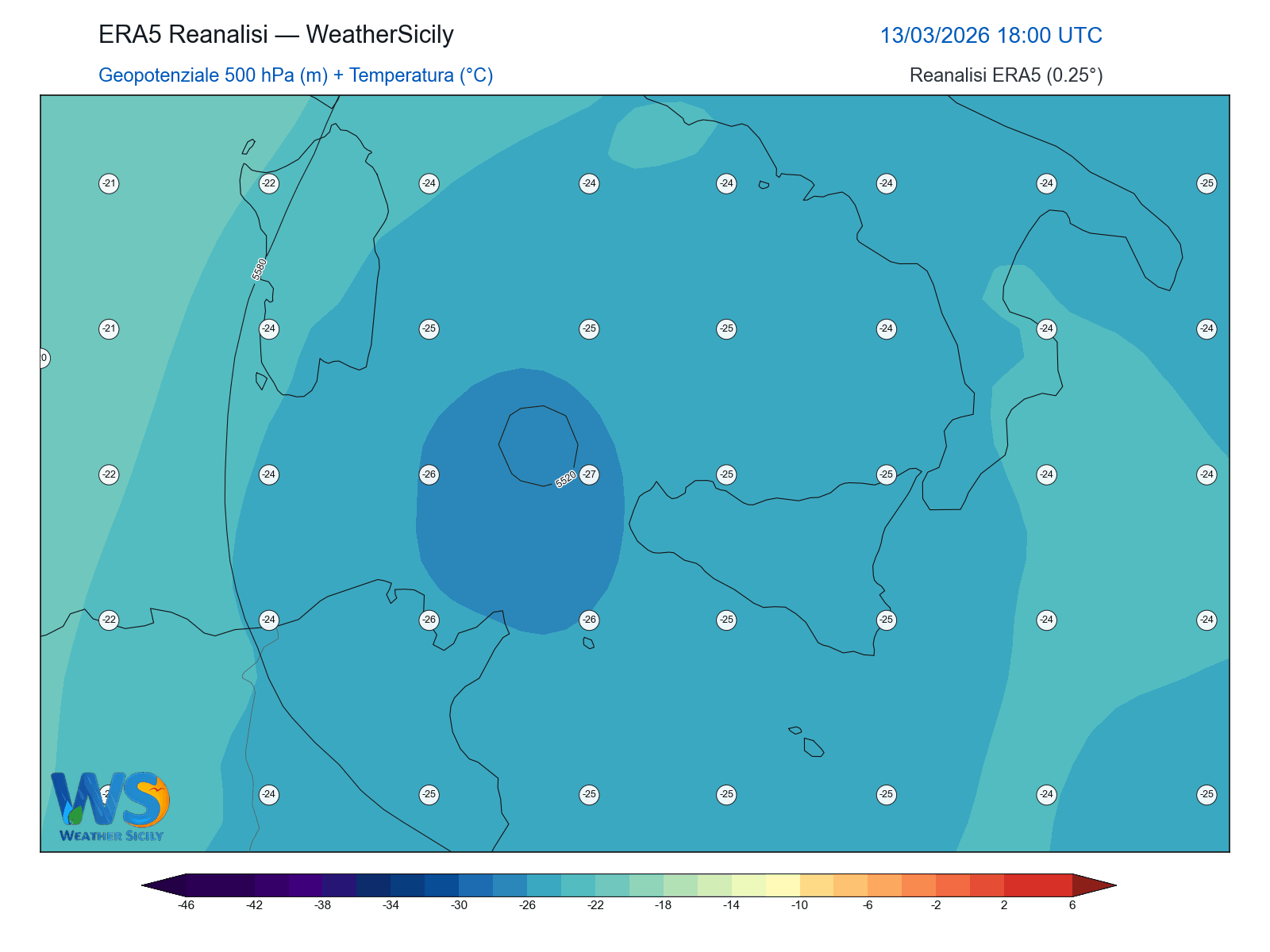 Geopotenziale 500 hPa + Temperatura · 2026031318