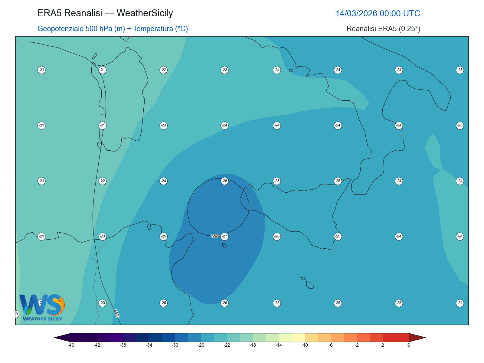 Geopotenziale 500 hPa + Temperatura · 2026031400