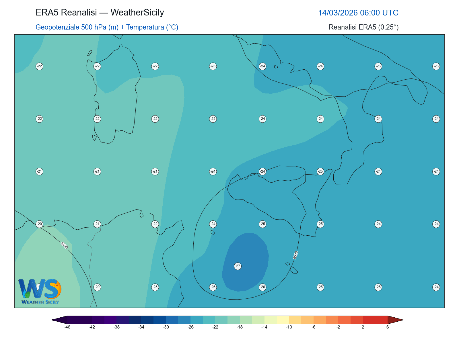 Geopotenziale 500 hPa + Temperatura · 2026031406