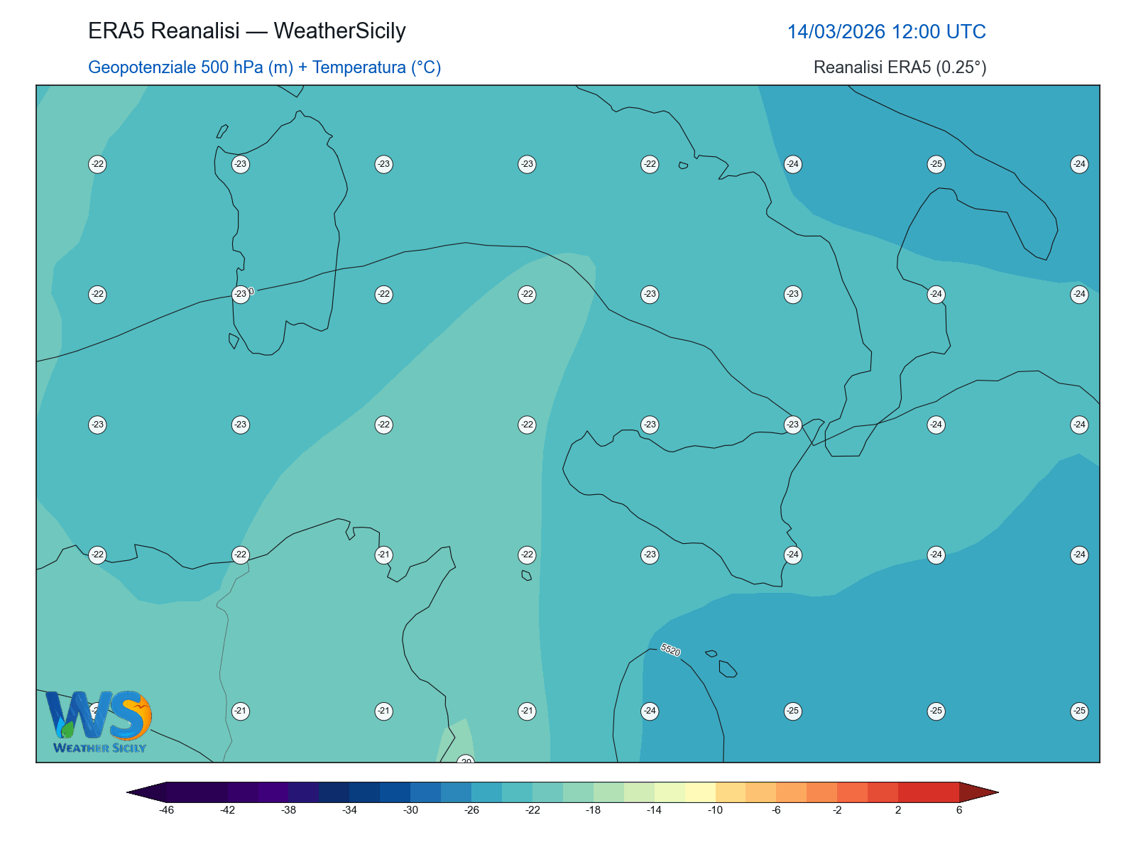 Geopotenziale 500 hPa + Temperatura · 2026031412