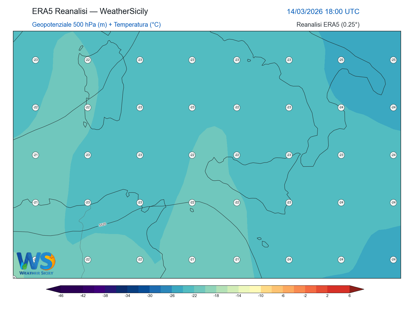 Geopotenziale 500 hPa + Temperatura · 2026031418