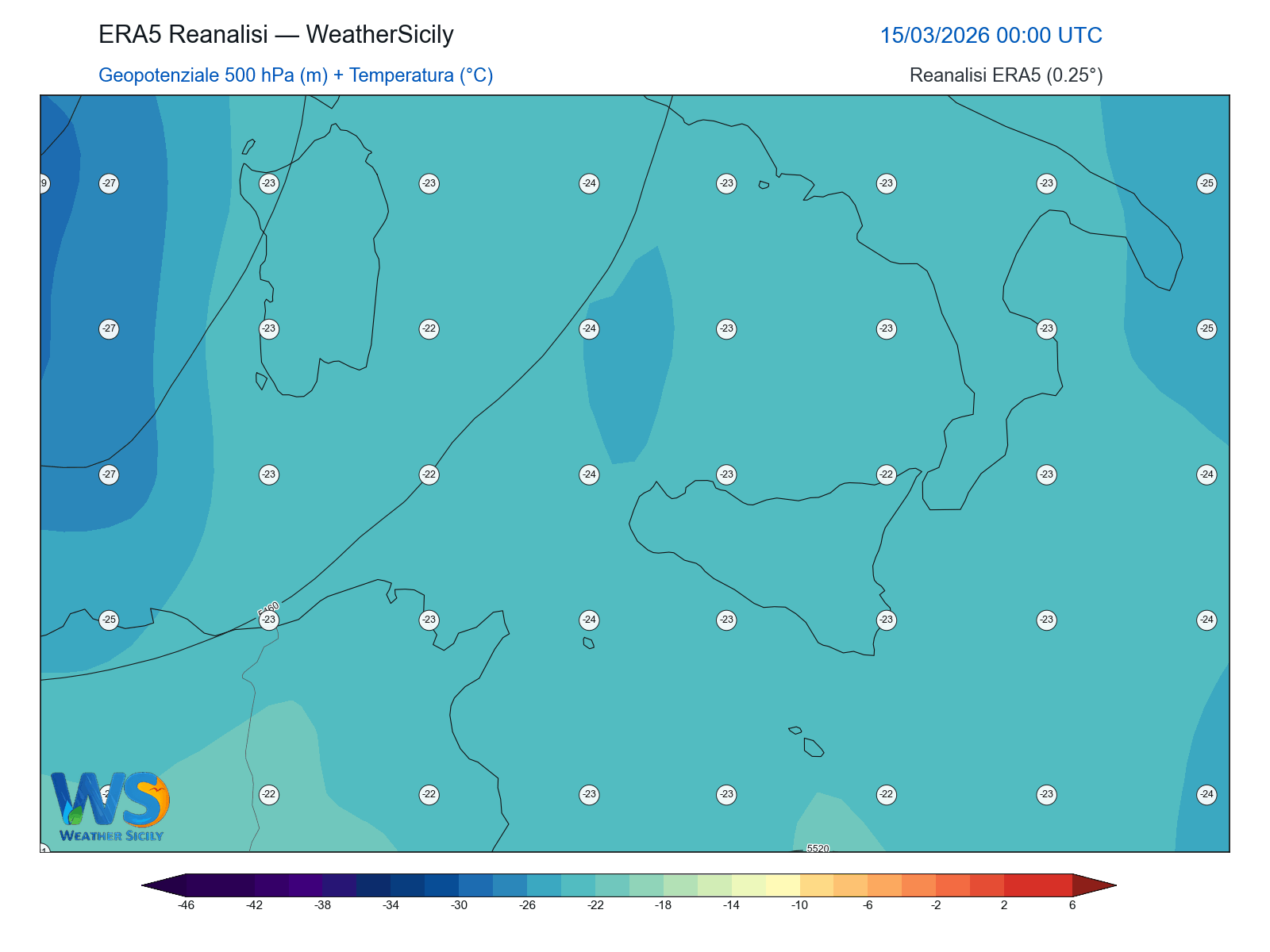 Geopotenziale 500 hPa + Temperatura · 2026031500