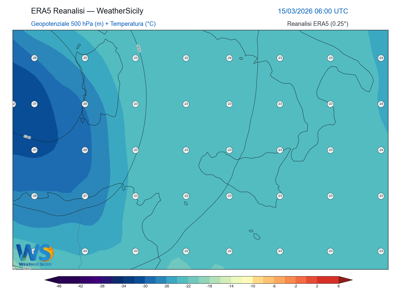 Geopotenziale 500 hPa + Temperatura · 2026031506