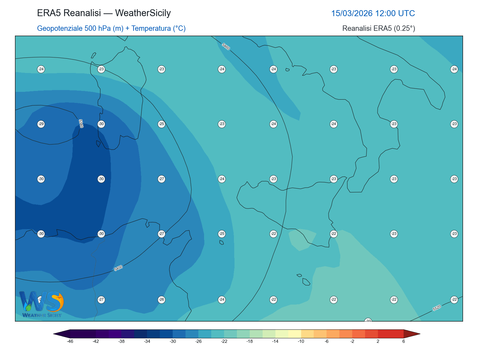 Geopotenziale 500 hPa + Temperatura · 2026031512