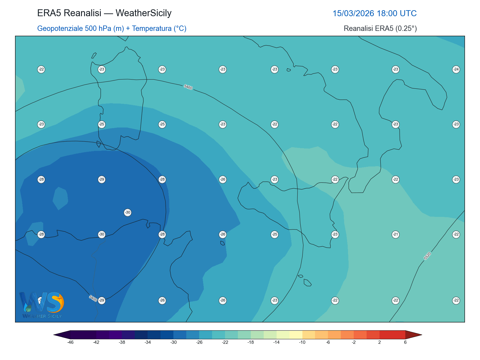 Geopotenziale 500 hPa + Temperatura · 2026031518