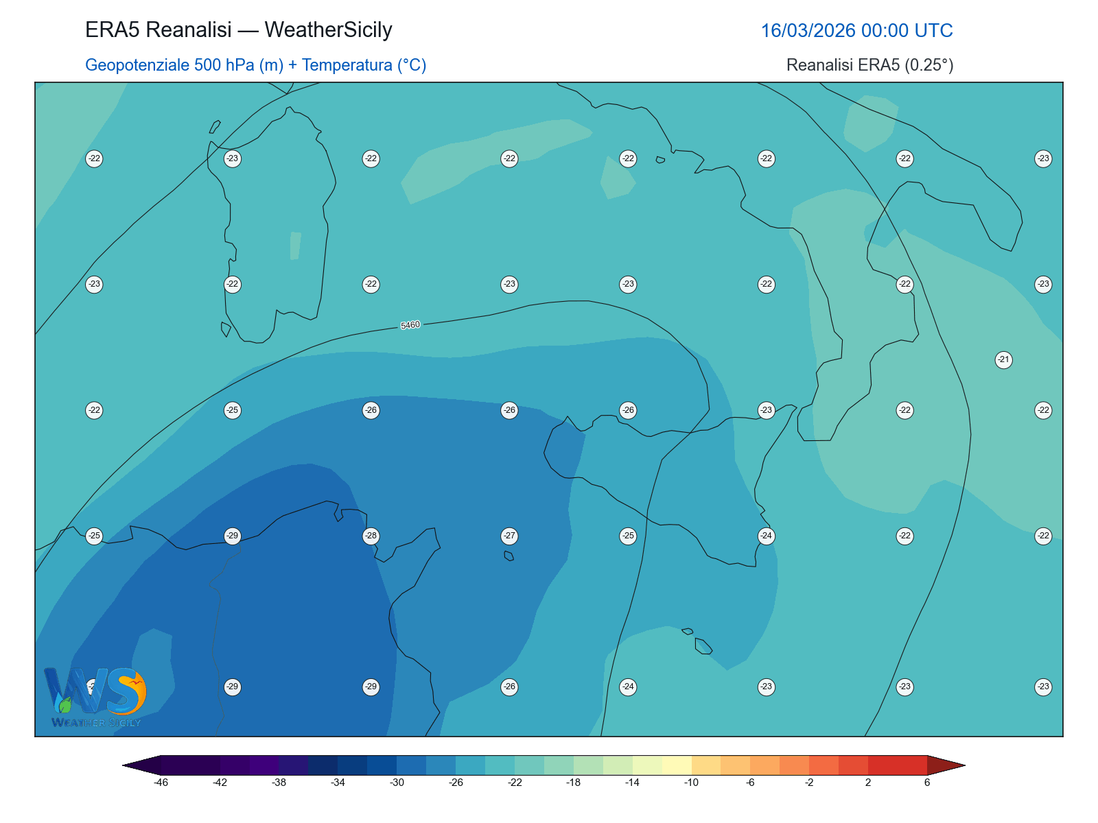 Geopotenziale 500 hPa + Temperatura · 2026031600