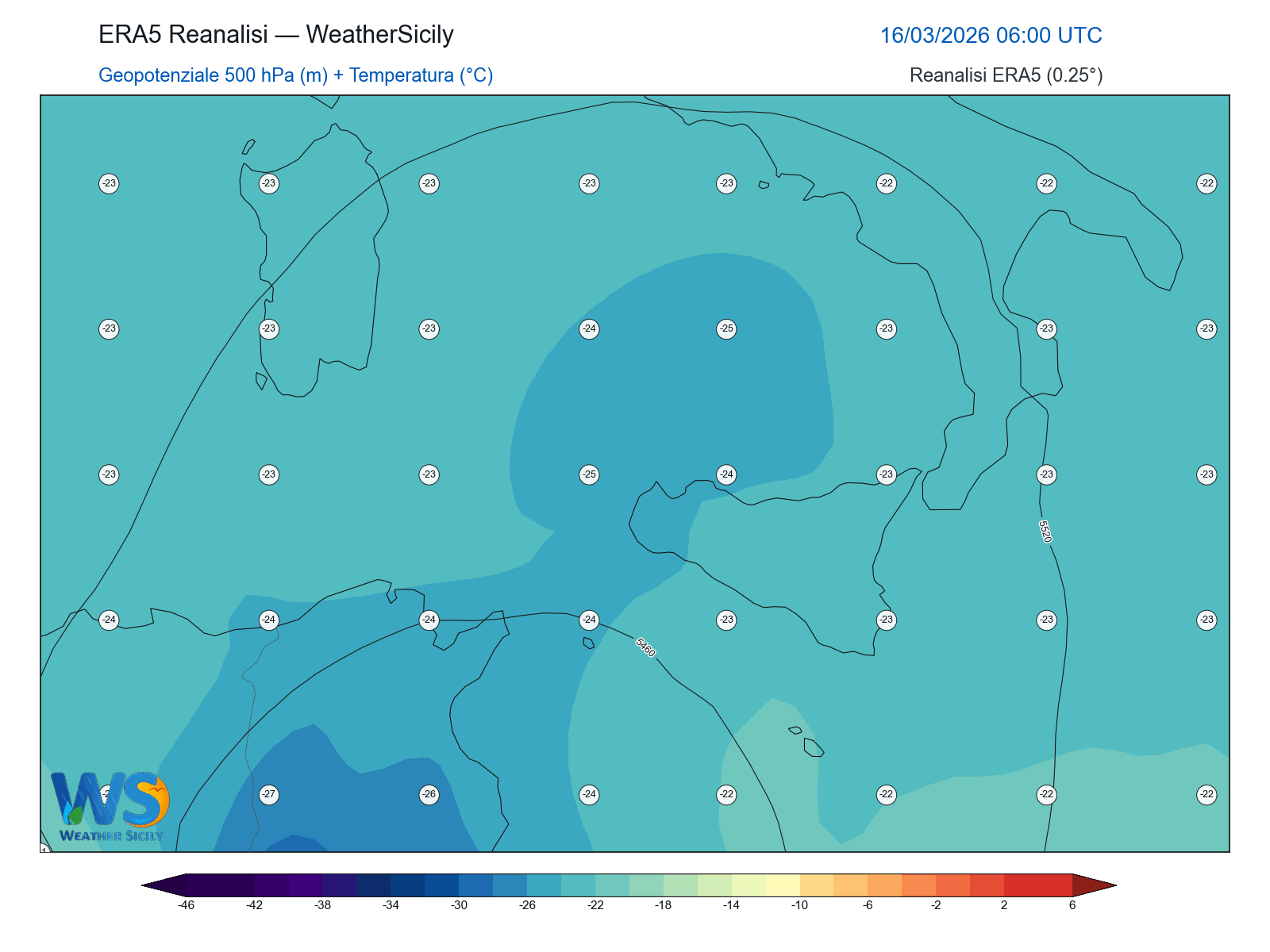Geopotenziale 500 hPa + Temperatura · 2026031606