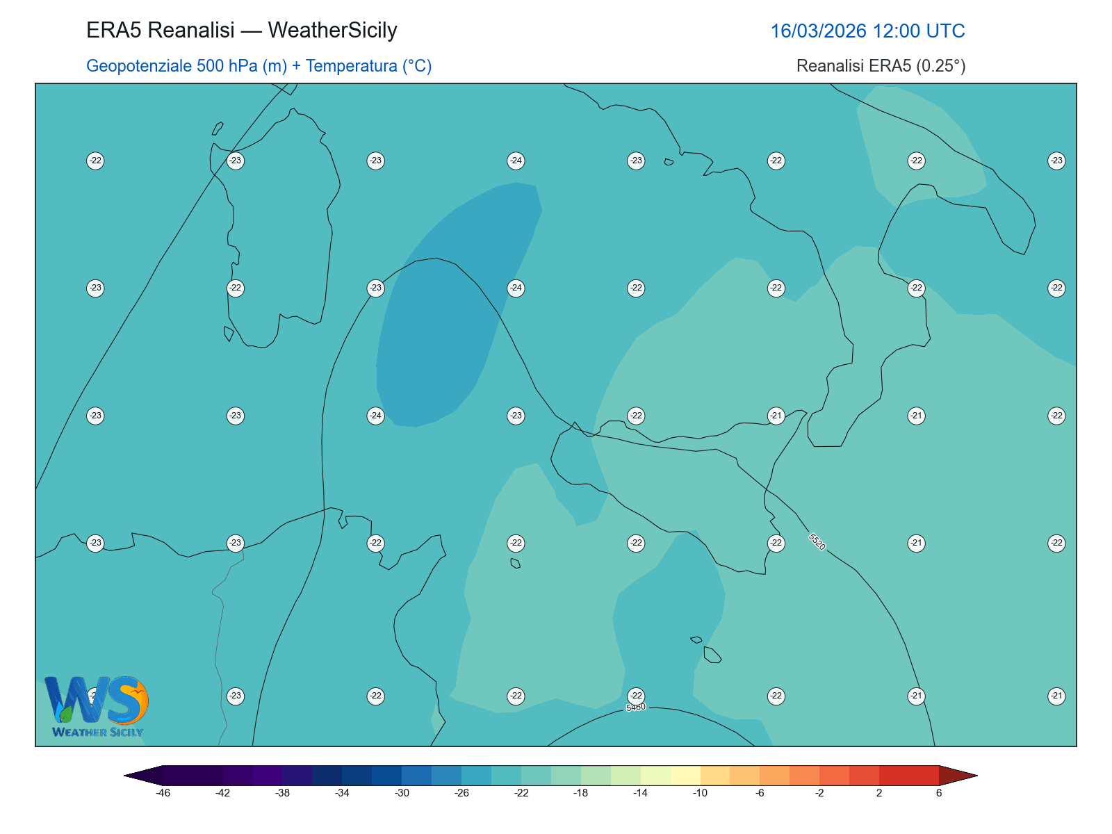 Geopotenziale 500 hPa + Temperatura · 2026031612
