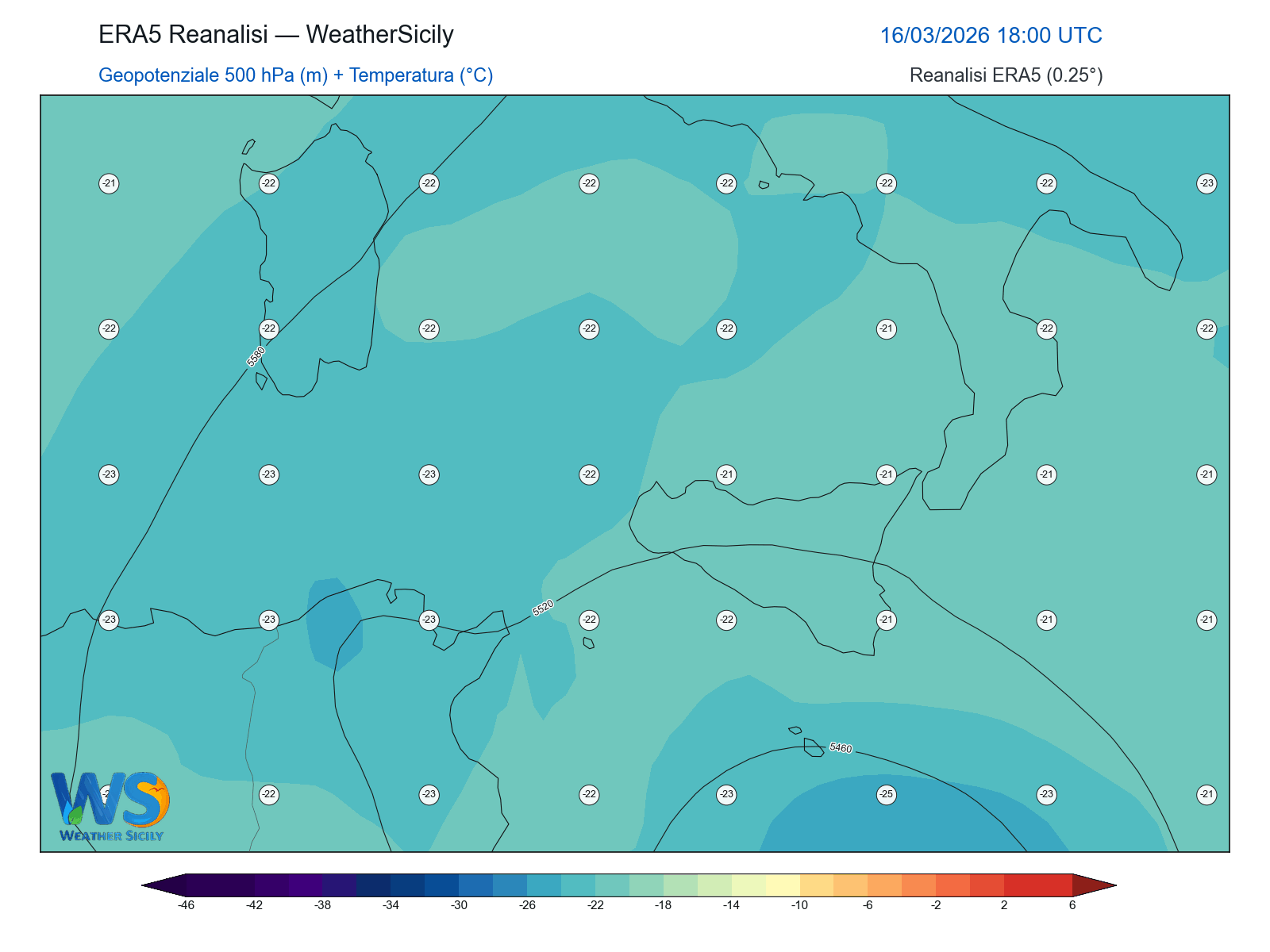 Geopotenziale 500 hPa + Temperatura · 2026031618