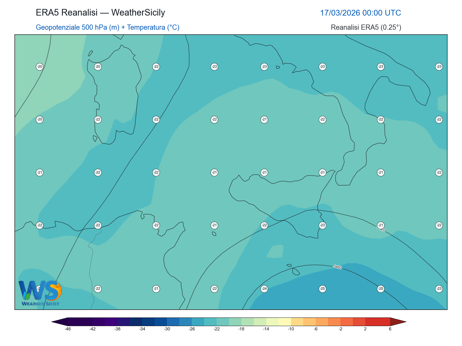Geopotenziale 500 hPa + Temperatura · 2026031700
