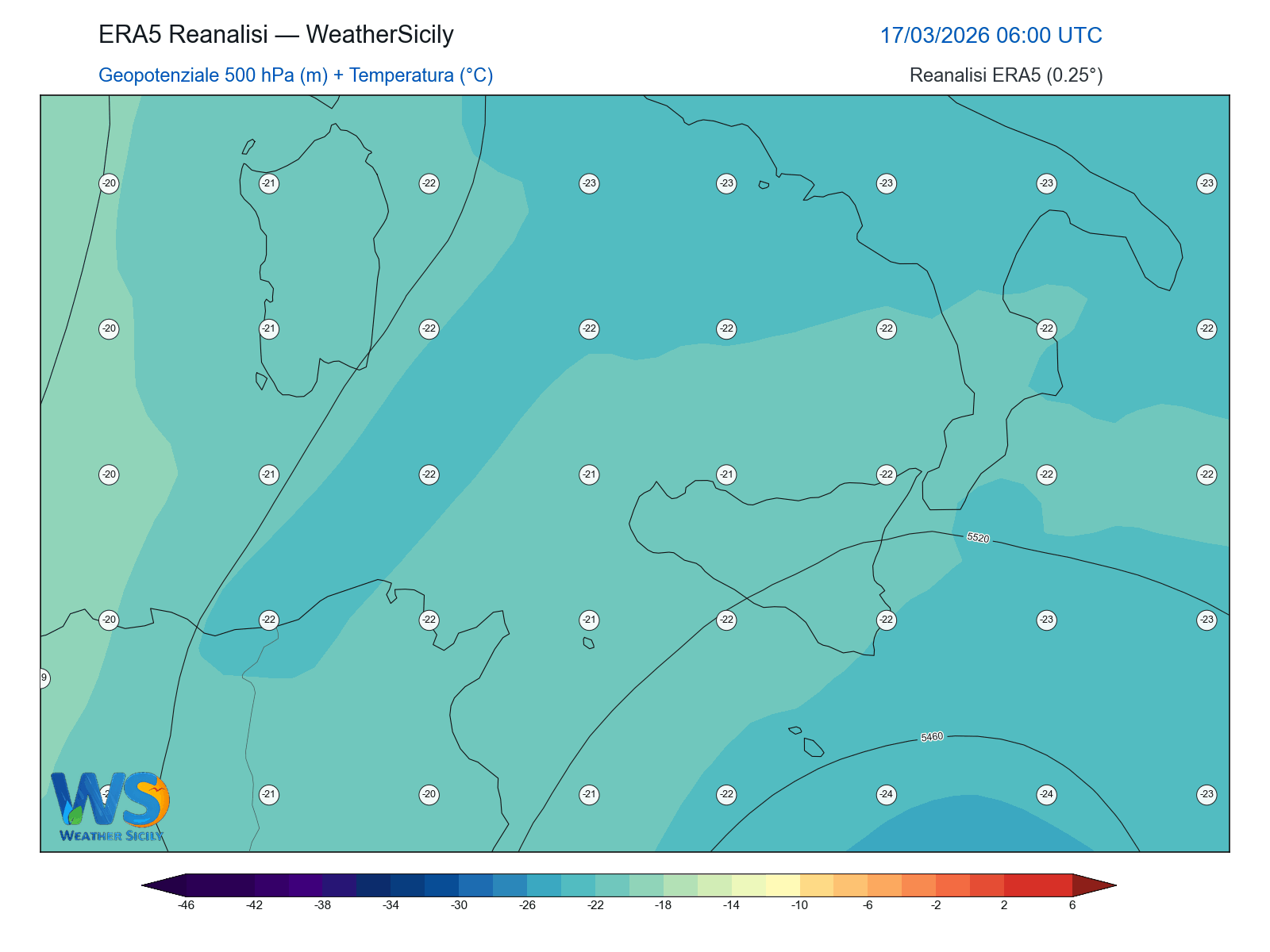 Geopotenziale 500 hPa + Temperatura · 2026031706