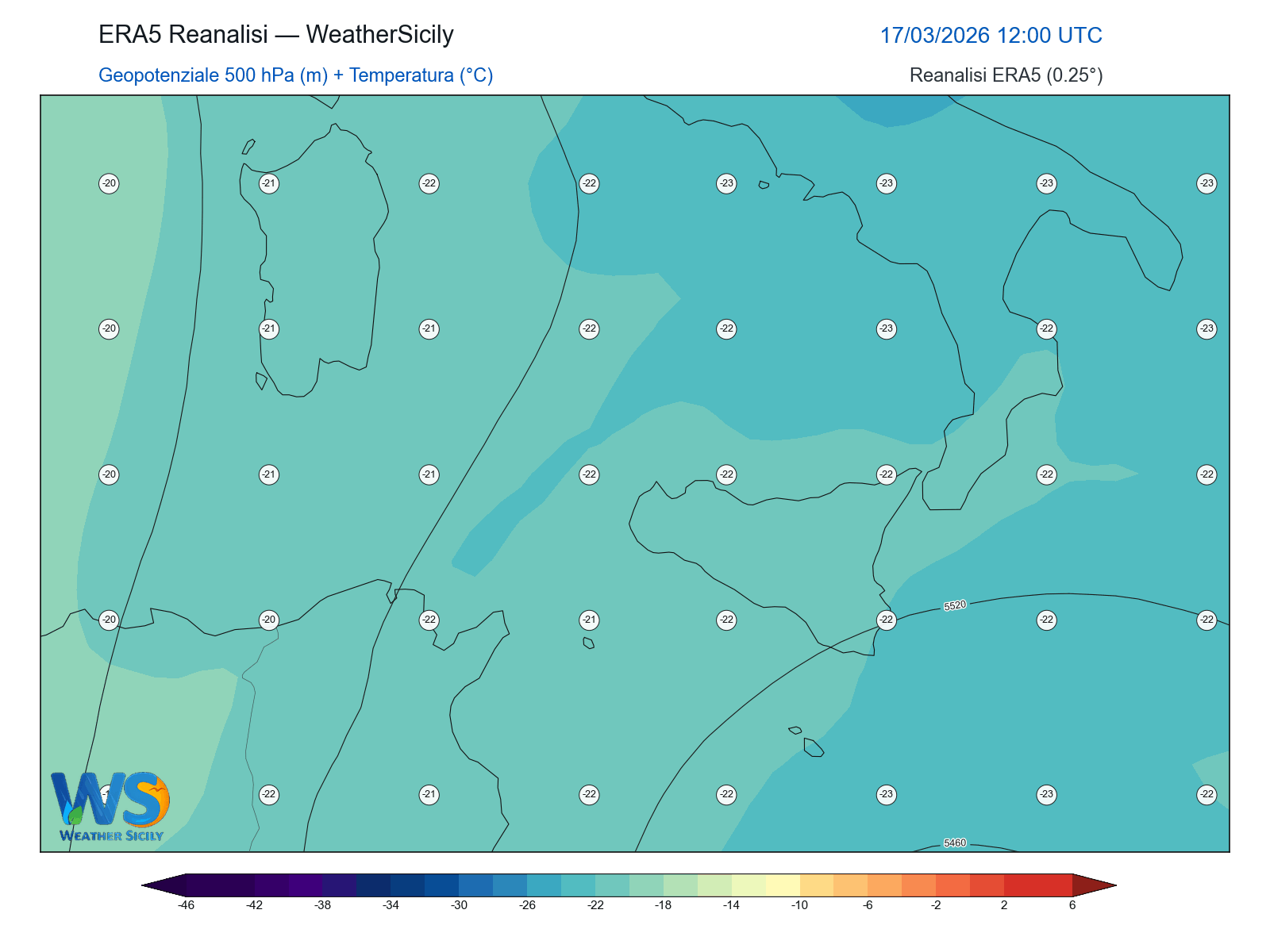 Geopotenziale 500 hPa + Temperatura · 2026031712