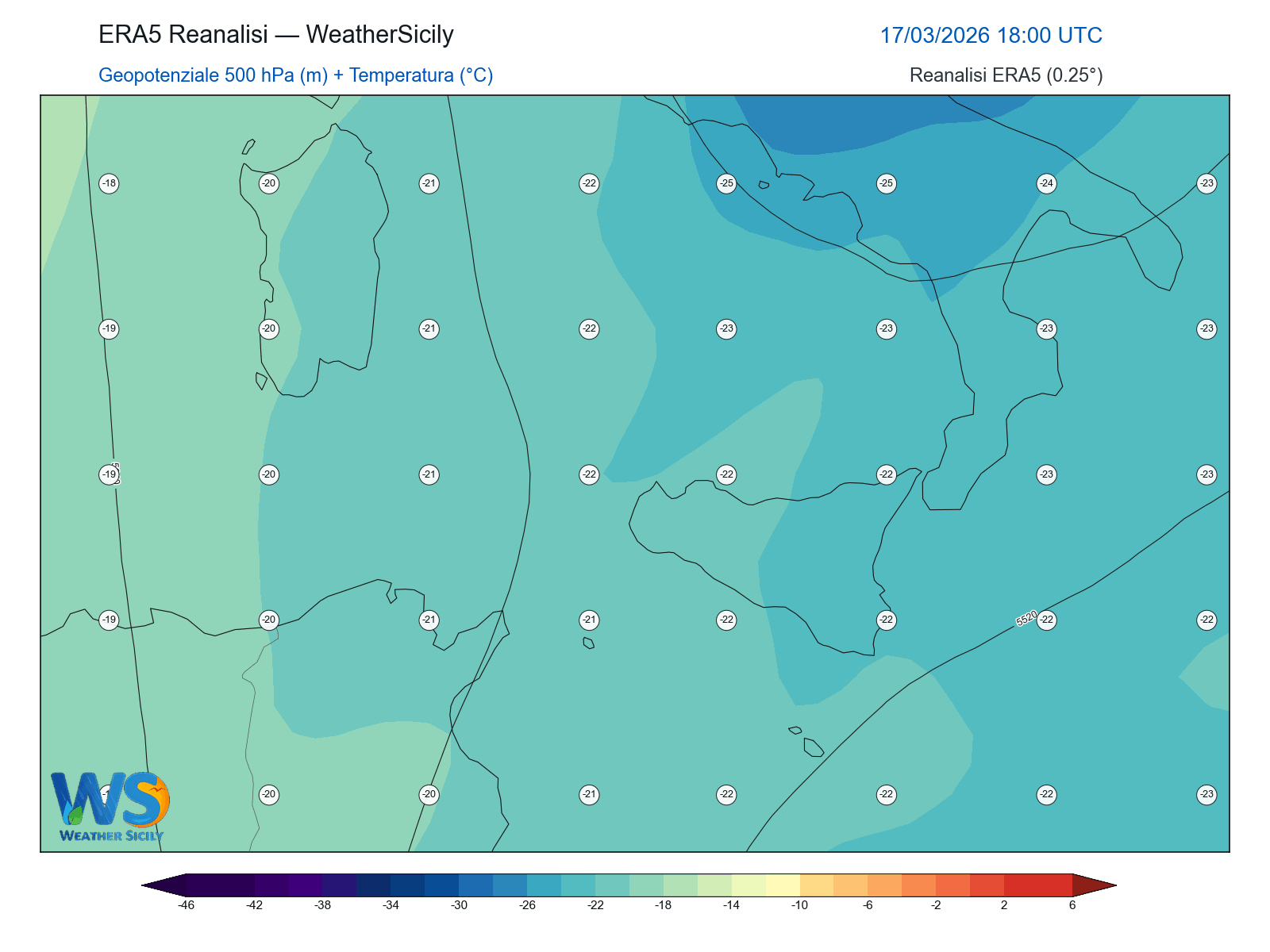 Geopotenziale 500 hPa + Temperatura · 2026031718