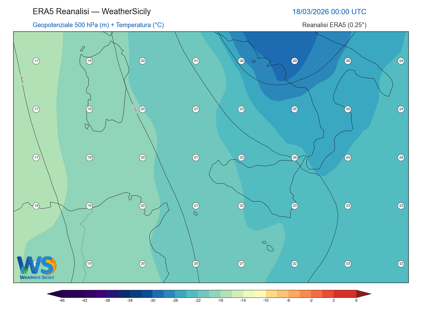 Geopotenziale 500 hPa + Temperatura · 2026031800