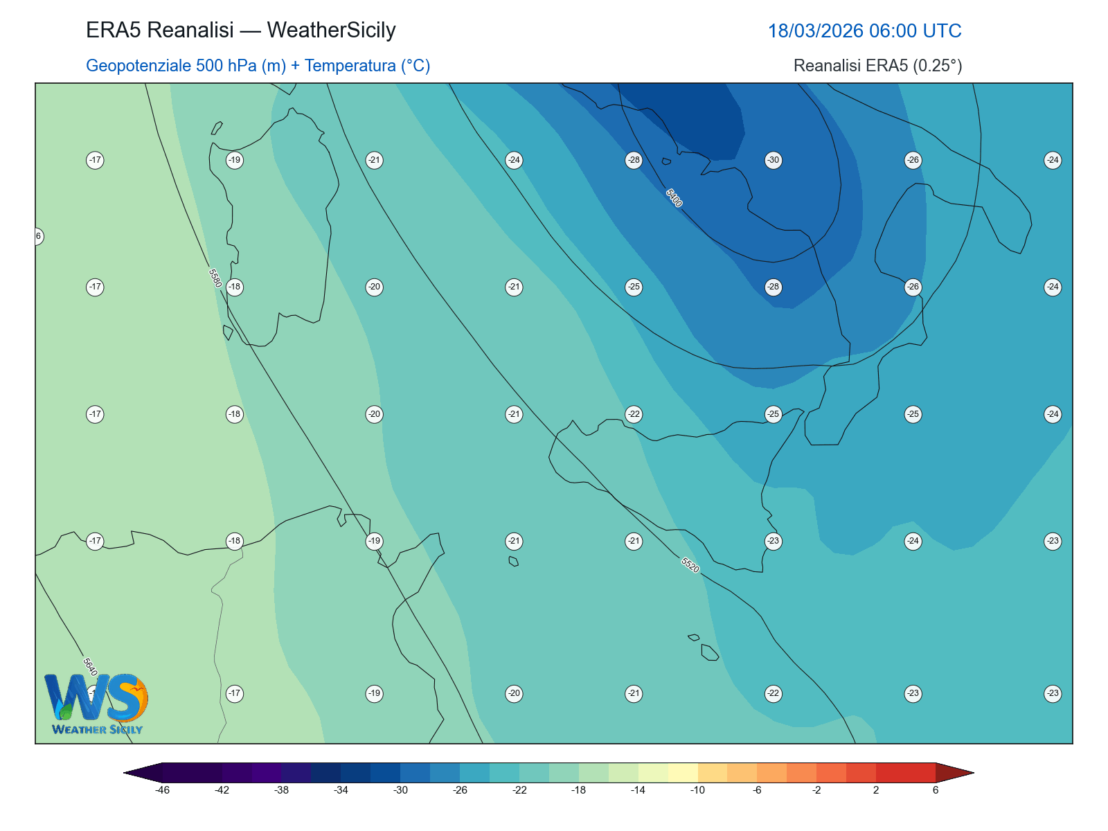 Geopotenziale 500 hPa + Temperatura · 2026031806