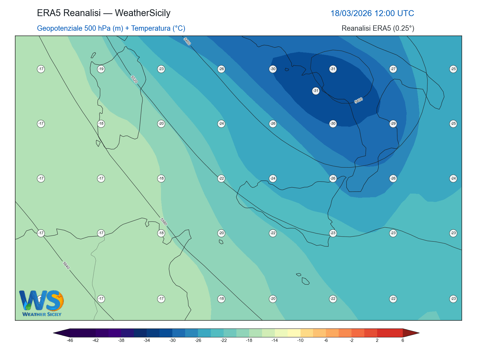 Geopotenziale 500 hPa + Temperatura · 2026031812