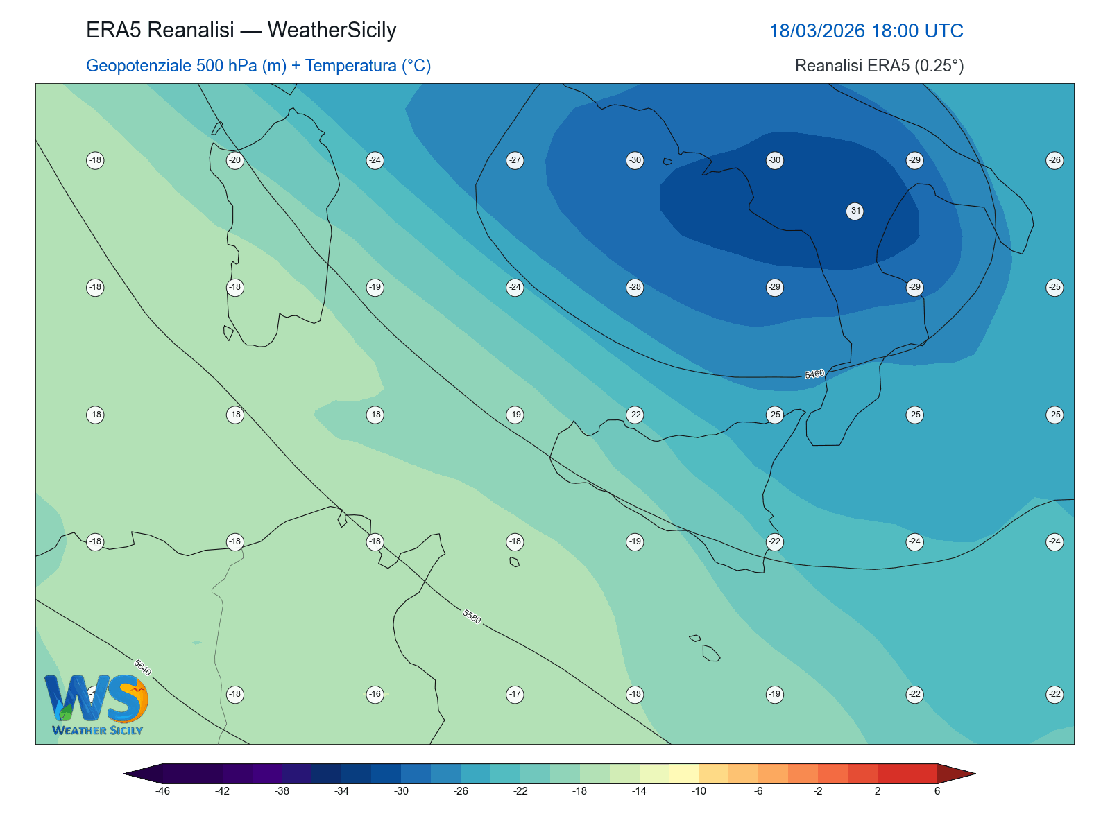Geopotenziale 500 hPa + Temperatura · 2026031818